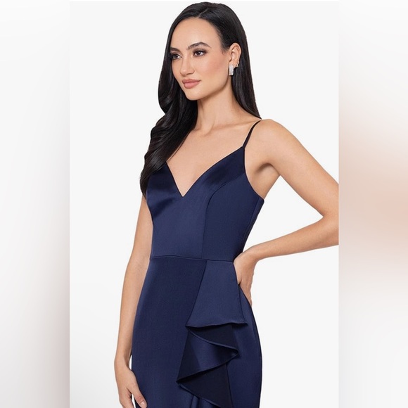 Xscape NWOT Women's Satin Fun Side Ruffle Navy Elegant Dress Size 10 - Picture 3 of 7